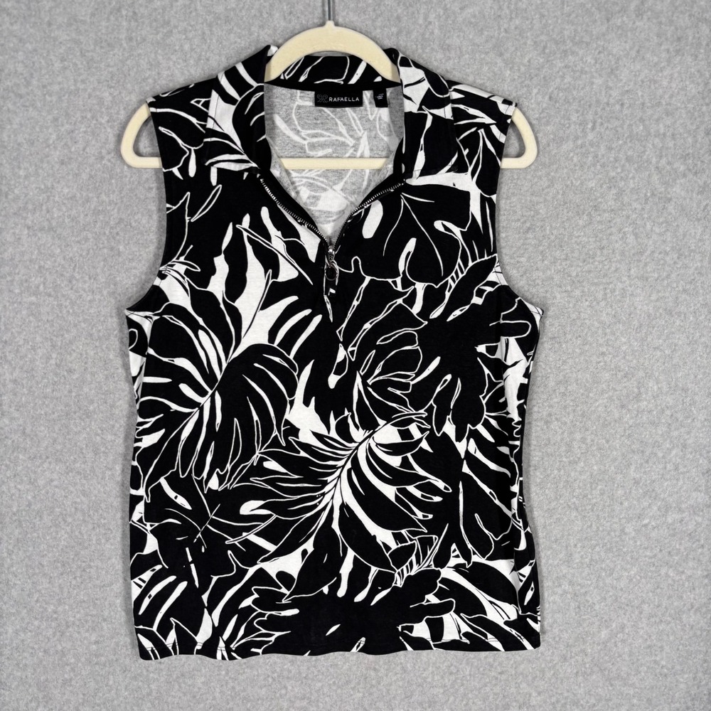 Rafaella Palm Print Polo Tank Large Black White Tropical Golf Tennis Resort